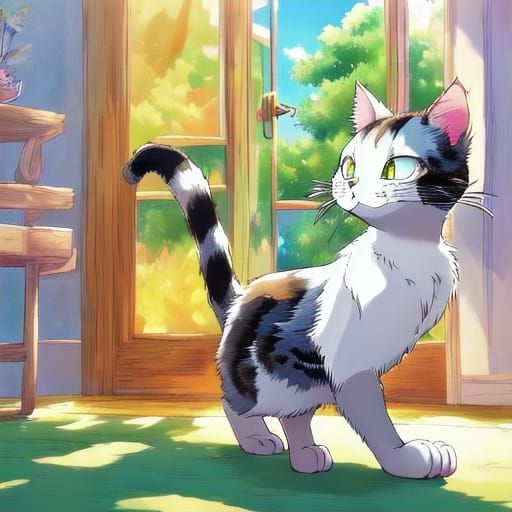 Vibrant Warrior Cat Chases Whimsical Mouse in Sunny Room