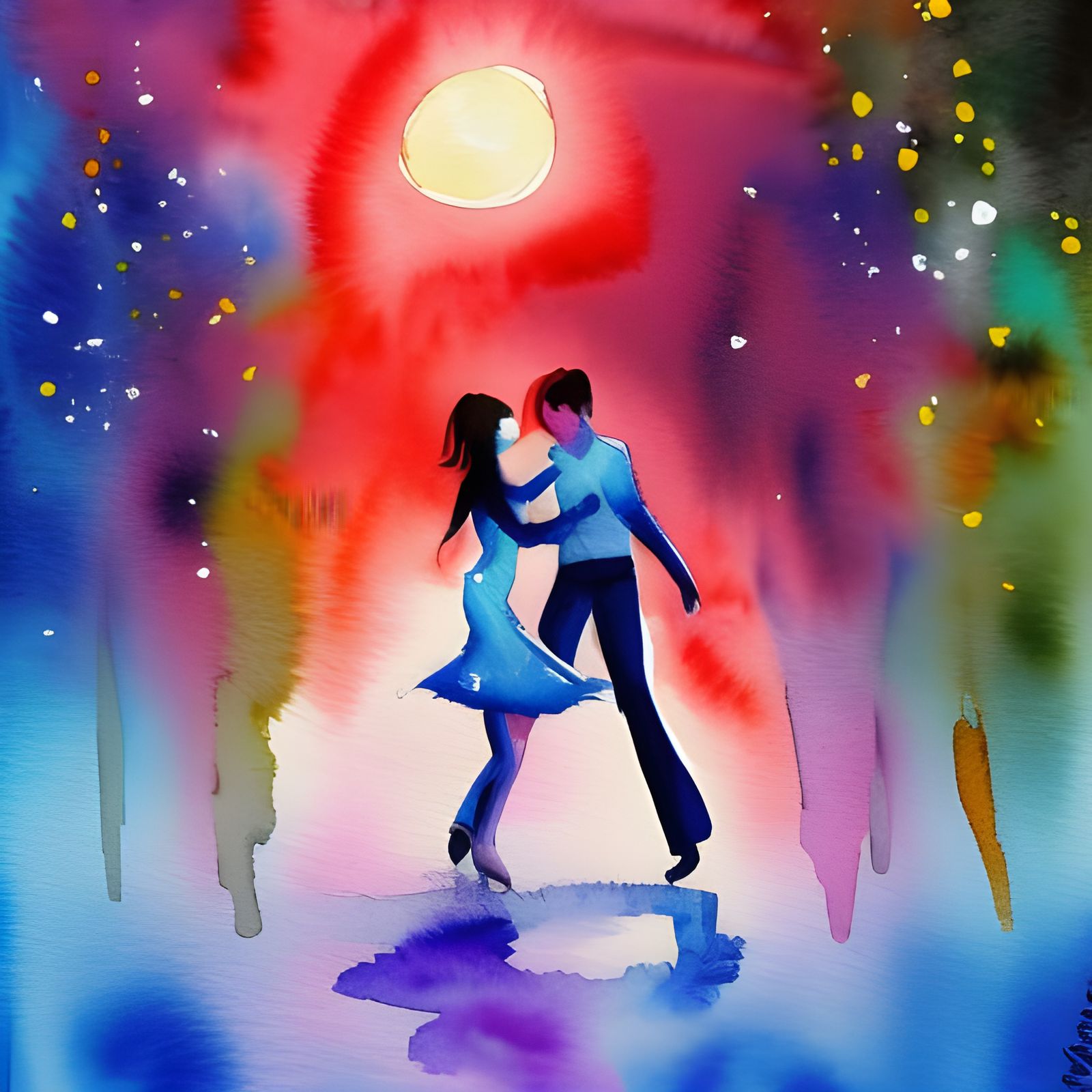 Couple's Moonlight Dance: Splash Art Watercolor