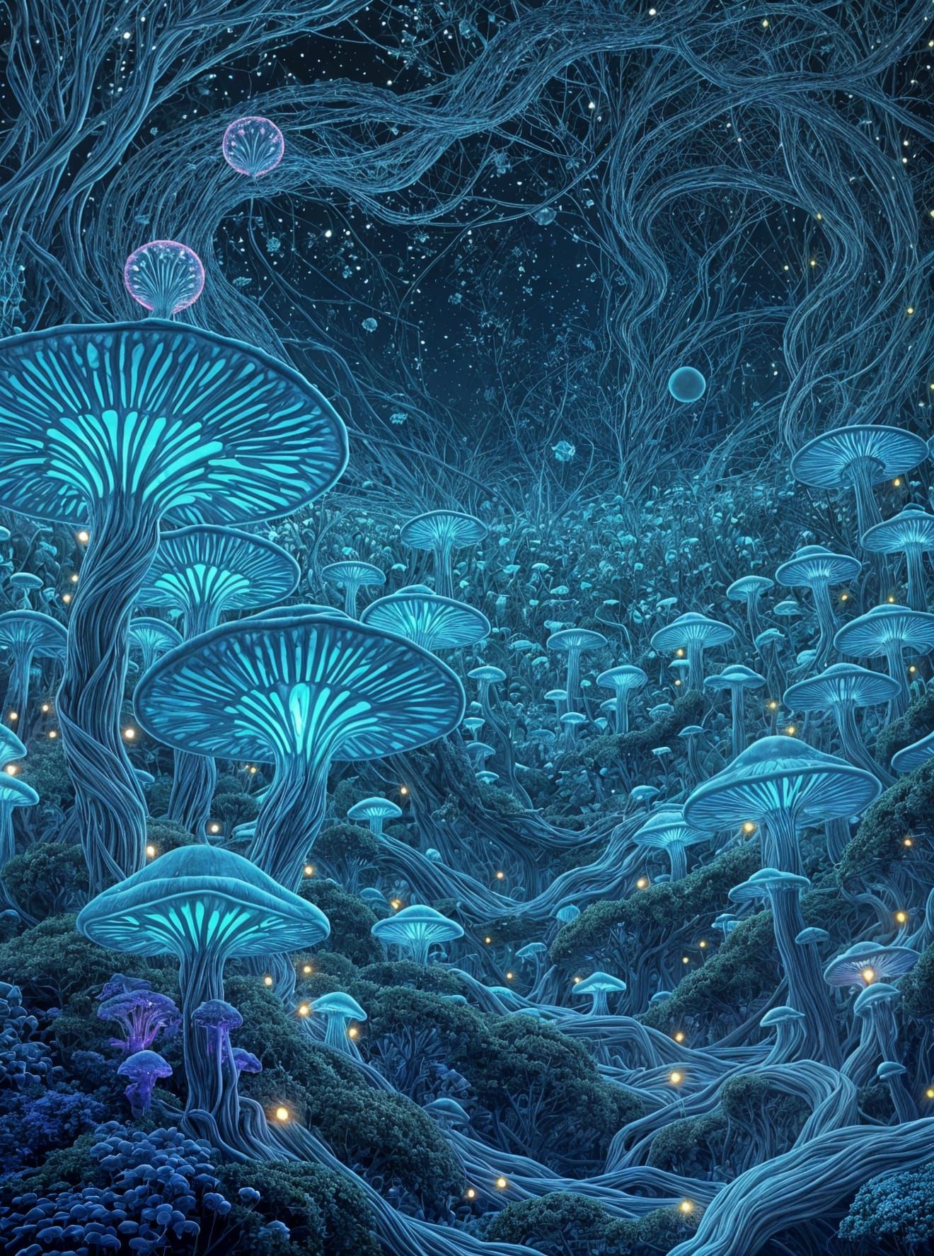 Bioluminescent Mushroom Field in Art Nouveau Style
