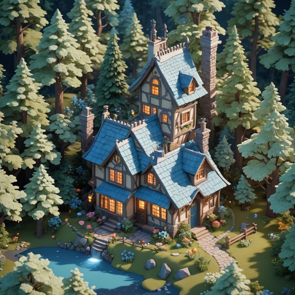 Isometric Fantasy Cottage in Woods: 3D Render