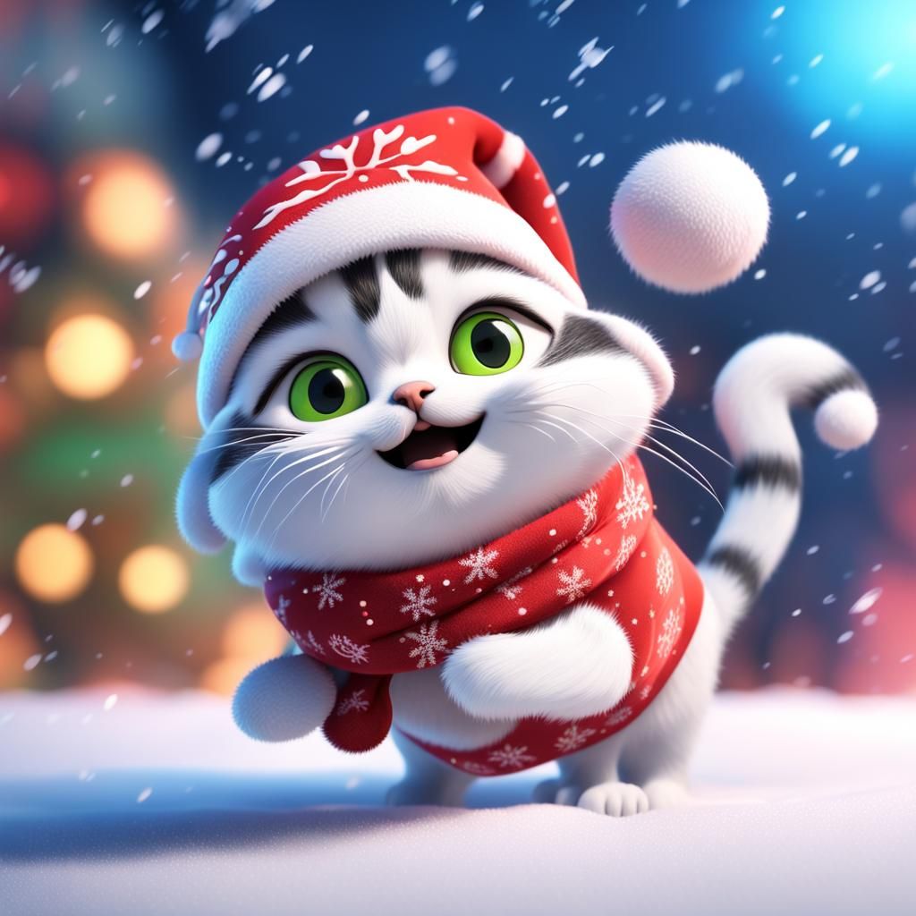 Funny Christmas Cat Playing in Snow as 3D Art