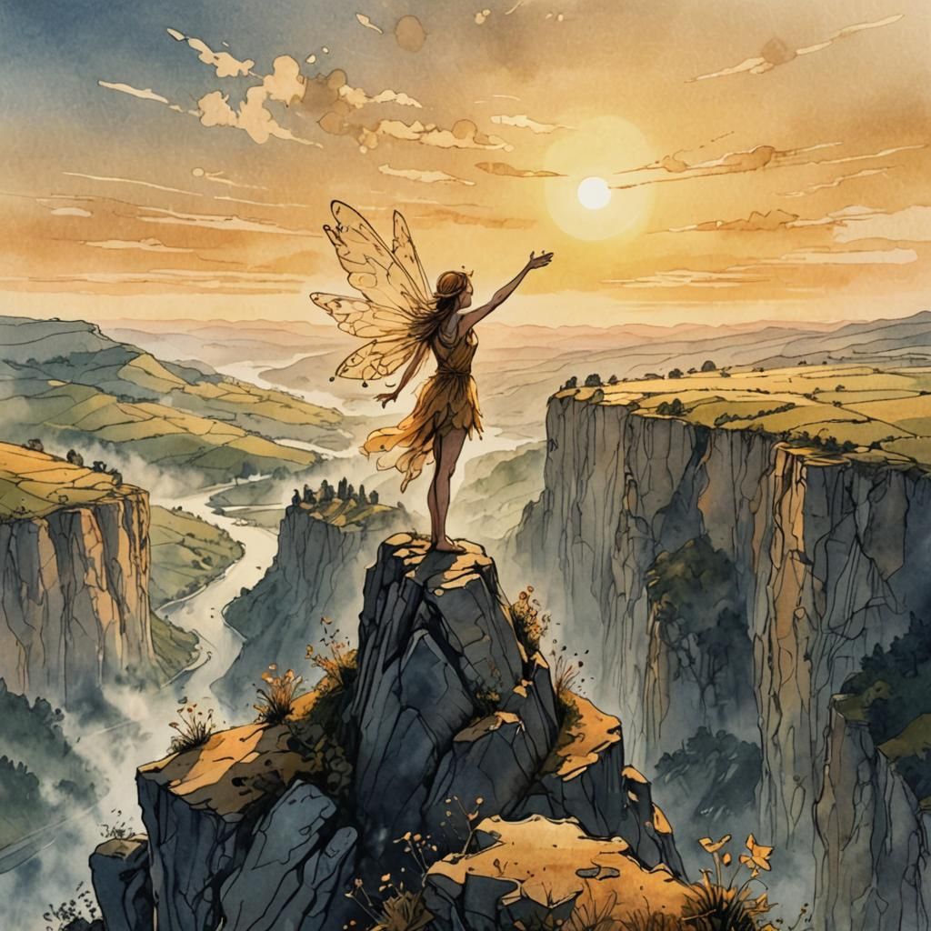 Fairy Sunrise Over European Landscape in Ink Painting