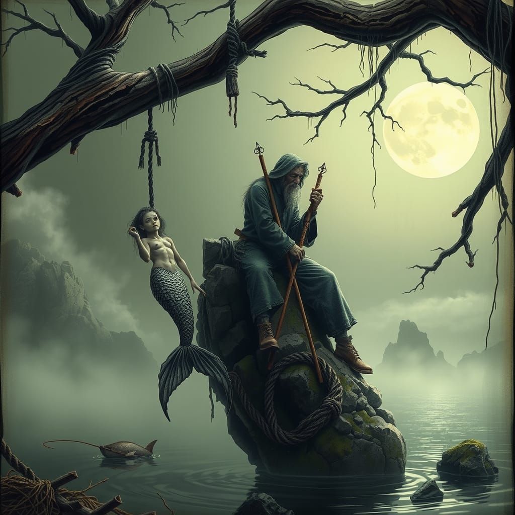 Eerie Mermaid in Mystical Lakeside Scene