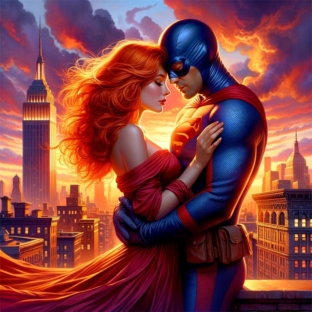 Romantic Superhero Rooftop Sunset Illustration