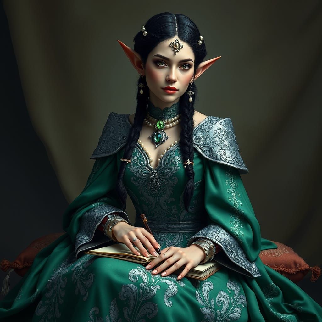 Elf Queen in Emerald and Silver Gown