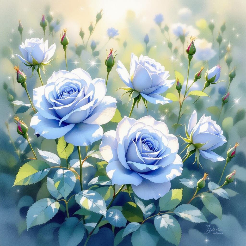 Pale Blue Roses at Dawn in Soft Watercolor Style