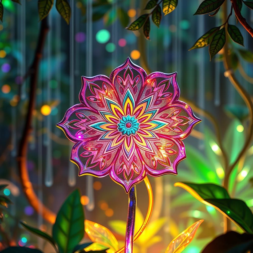 Sparkling Glass Flower in Bioluminescent Forest, in Neon Col...