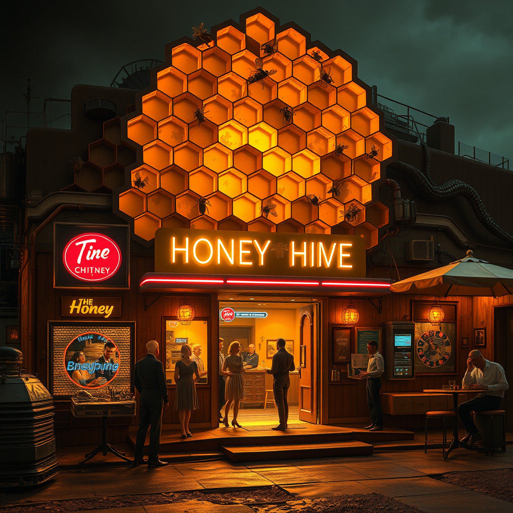 The Honey Hive: Retro-Futuristic Dive Bar in Art Deco Style