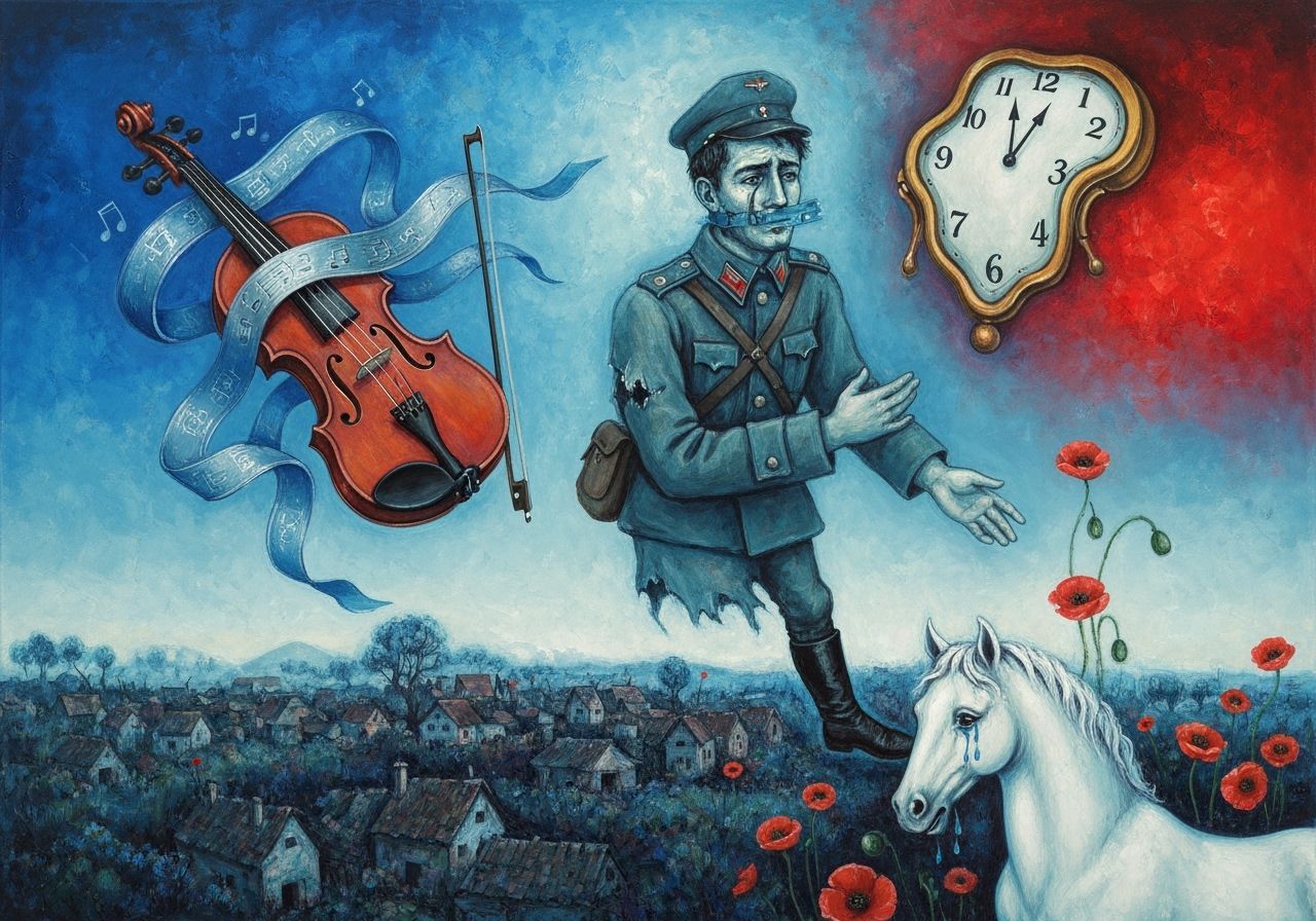 Grief-Stricken Soldier Above War-Torn Village