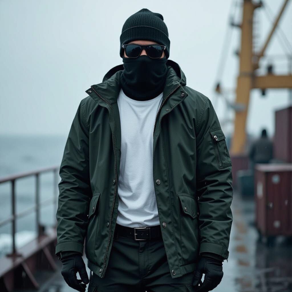 Henchman on Rainy Cargo Ship Deck