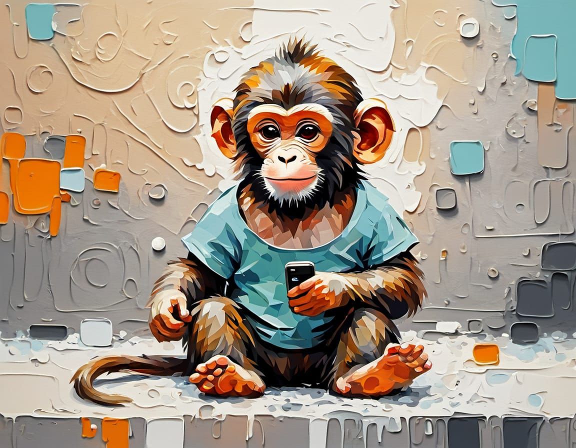 Cute Monkey Using Cellphone as Impasto Oil Painting
