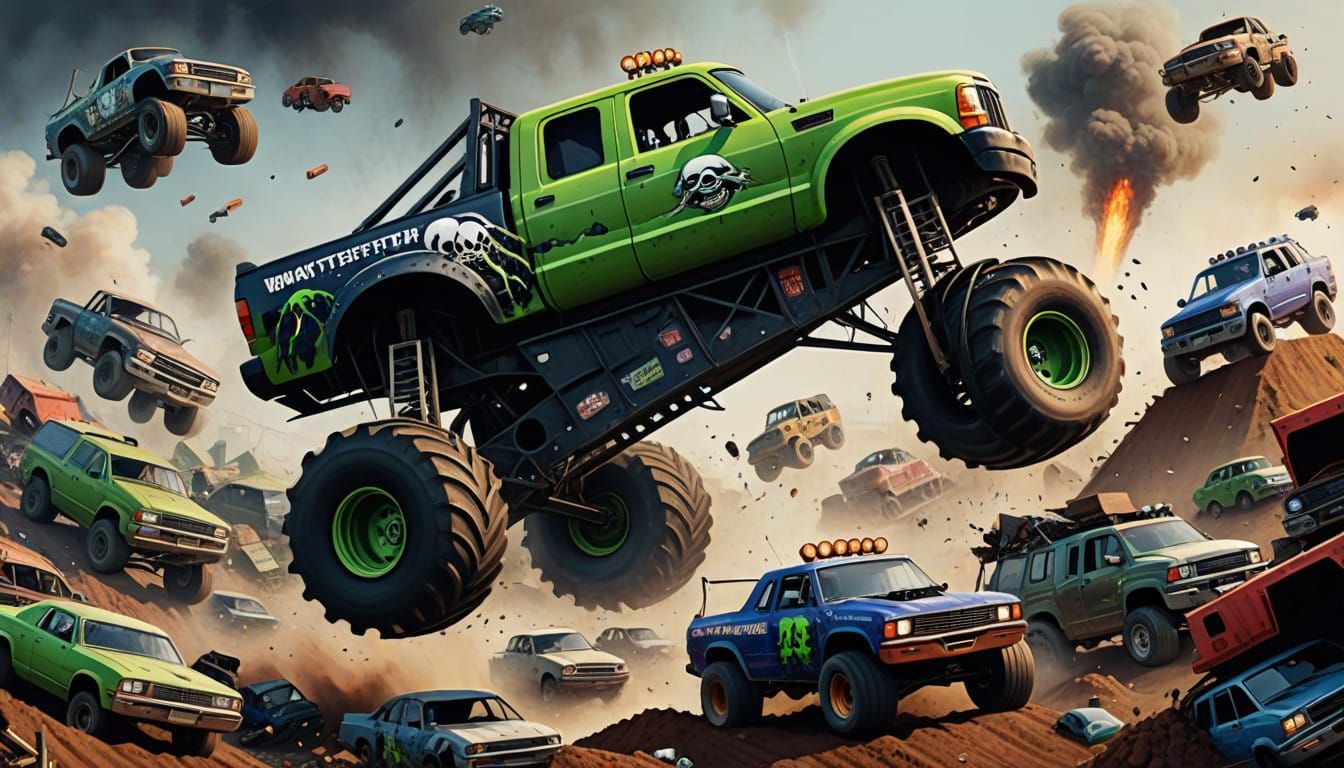 Monster Truck Soars Over a Junkyard in a Thrilling Jump