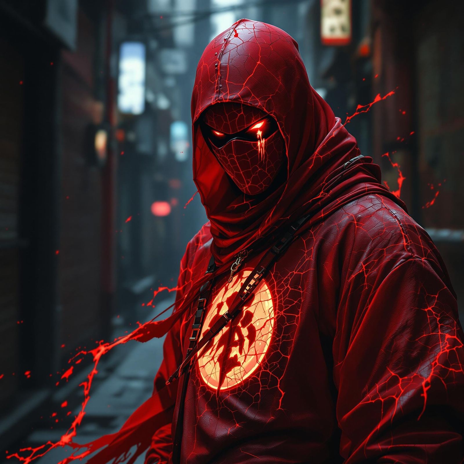 Cyberpunk Ninja with Bloody Fist in Dark Alleyway