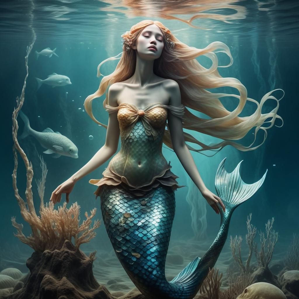 Melancholic Mermaid in Moonlit Lagoon: Surrealist Art