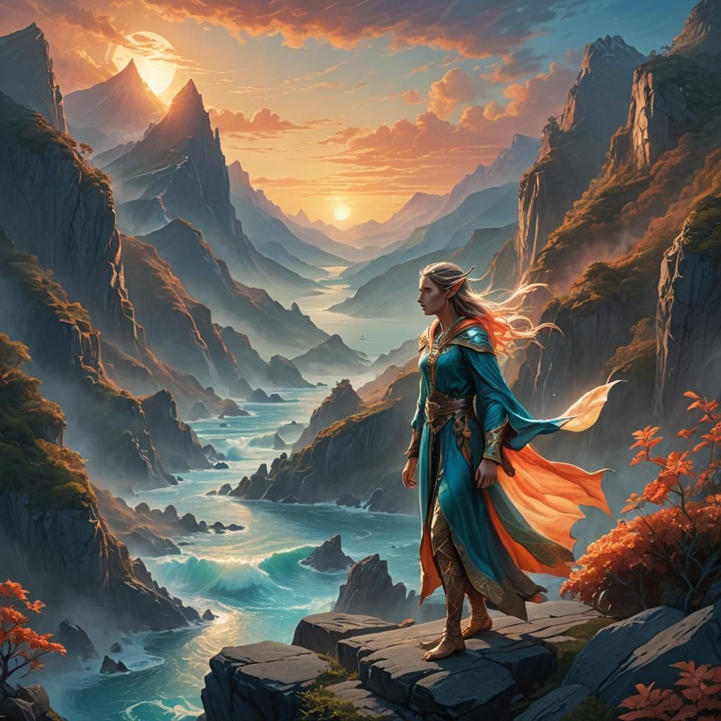 Een gloeiende elf boven de bergen waar dat de zee tegen aan ...