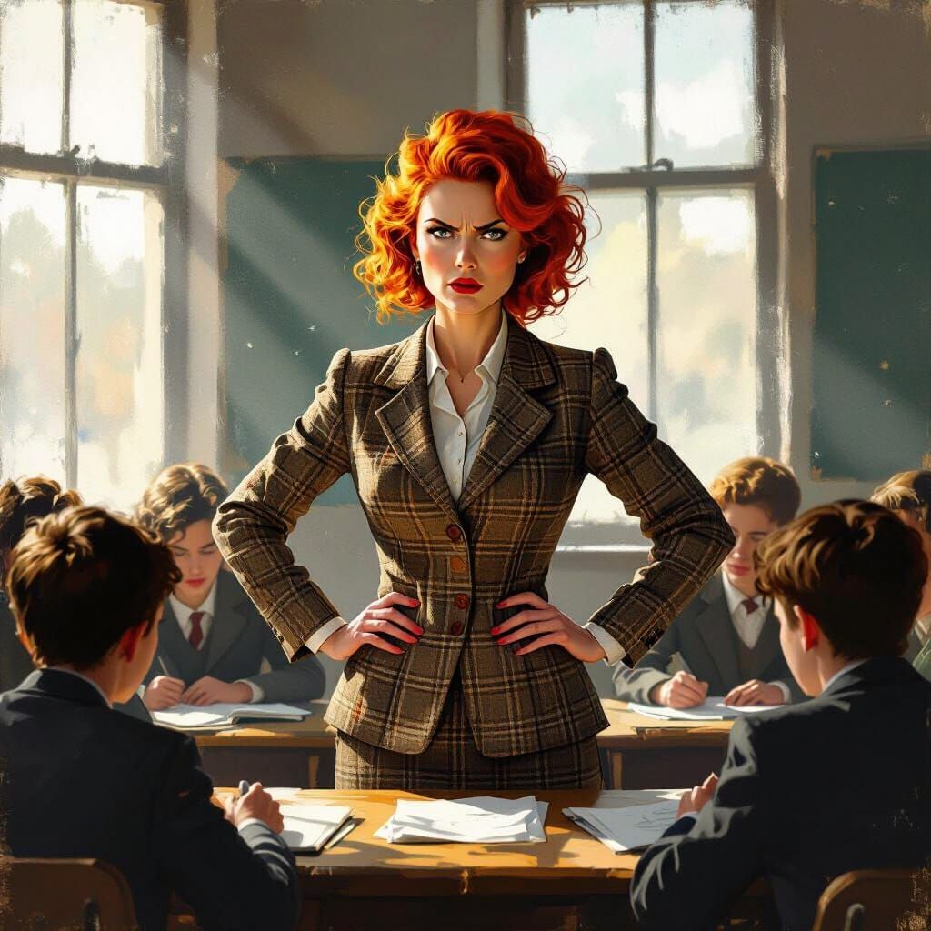 Stern Teacher's Exasperated Expression in Oil Painting
