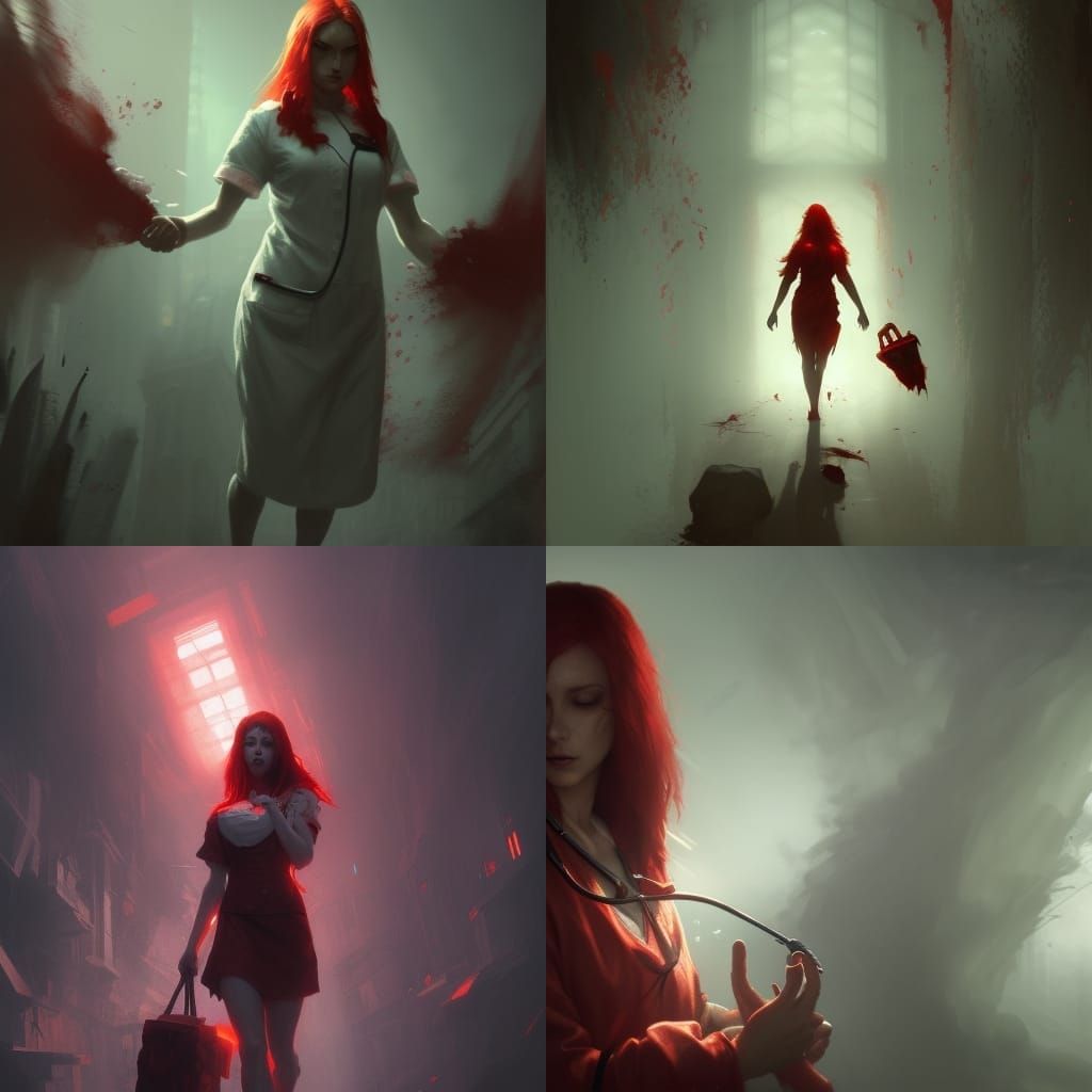 Dark Fantasy Red-Haired Nurse, Hyperdetailed Art