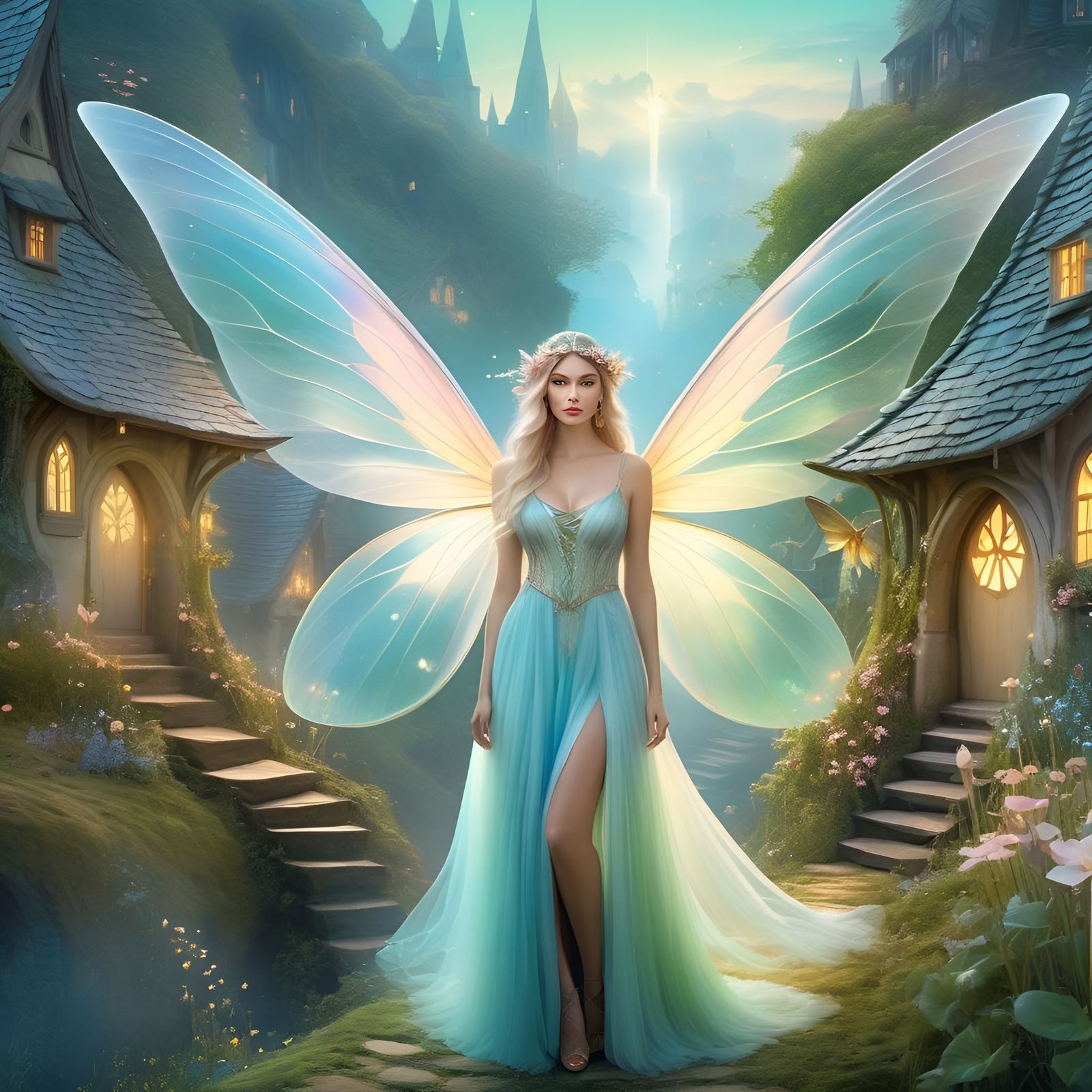 Pastel Fairy in Mystical Village: Digital Illustration