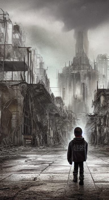 Child Walks Through Ruined City Under Armageddon Sky