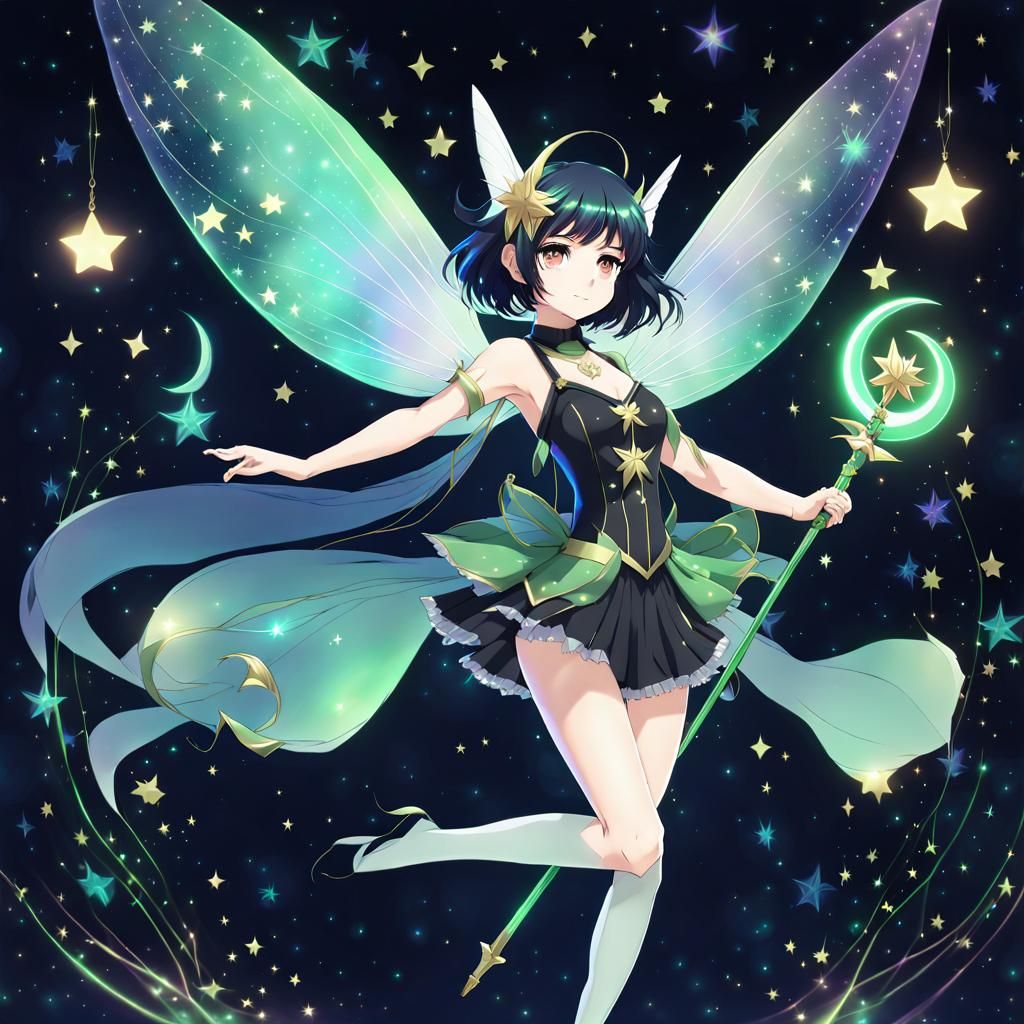 Anime Fairy with Magic Staff in Starry Scene