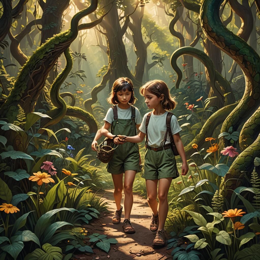 Cheerful Girl Picking Flowers in Overgrown Forest