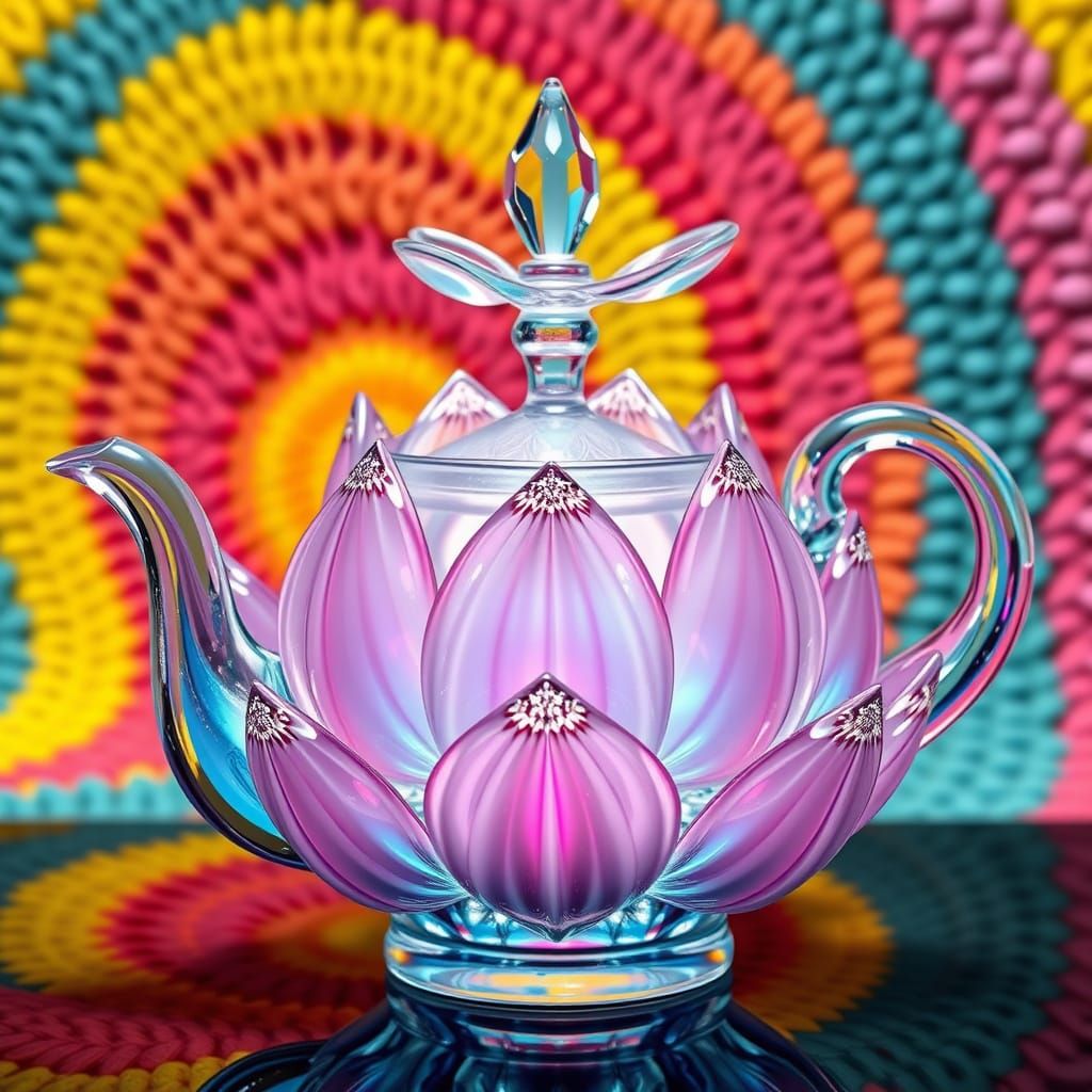 Glass Lotus Teapot in Whimsical Cubist Style with Iridescent...