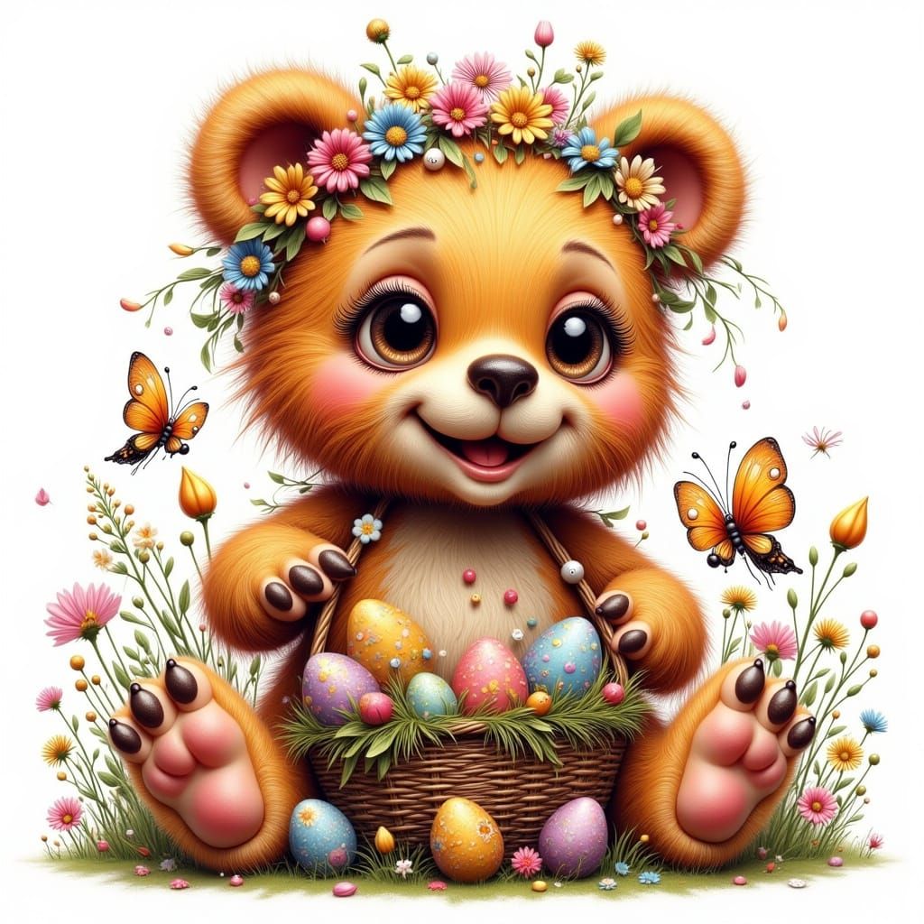 Vibrant Whimsical Teddy Bear in a Floral Wonderland