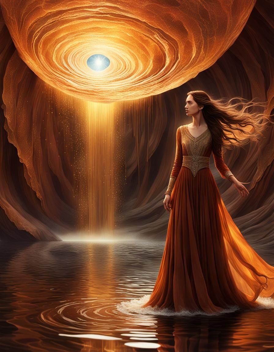 a golden, iridescent, transparent force field wall with swir...