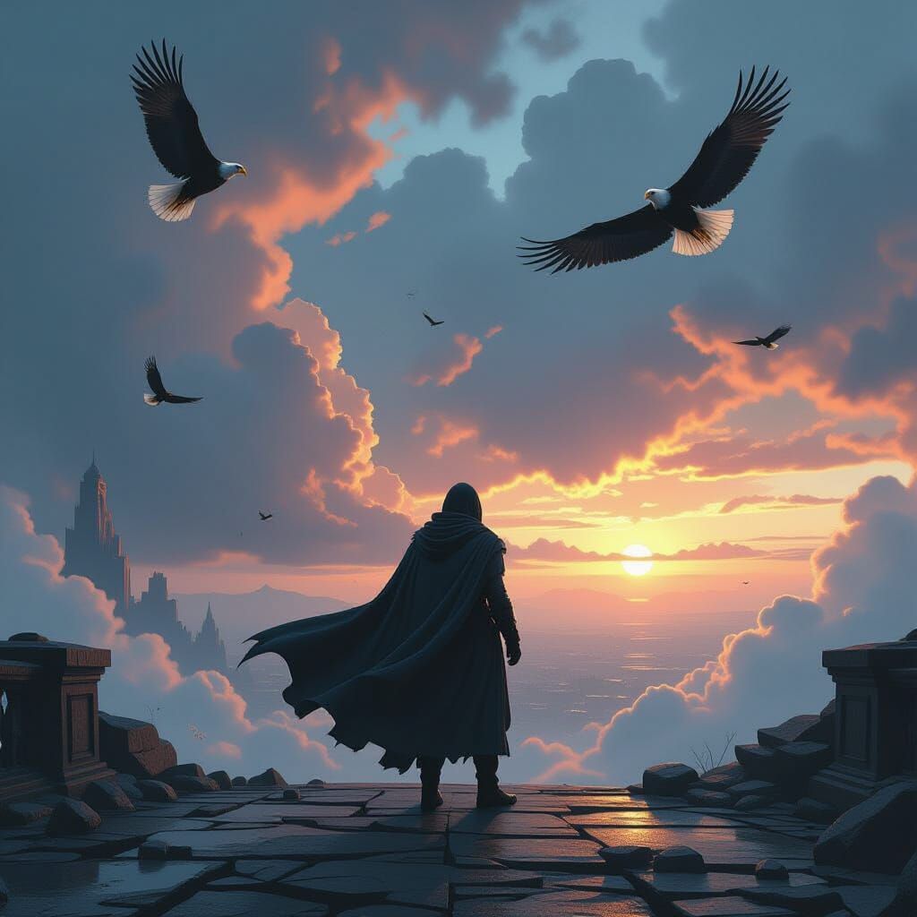 Hero on Shattered Bridge Under Stormy Sky