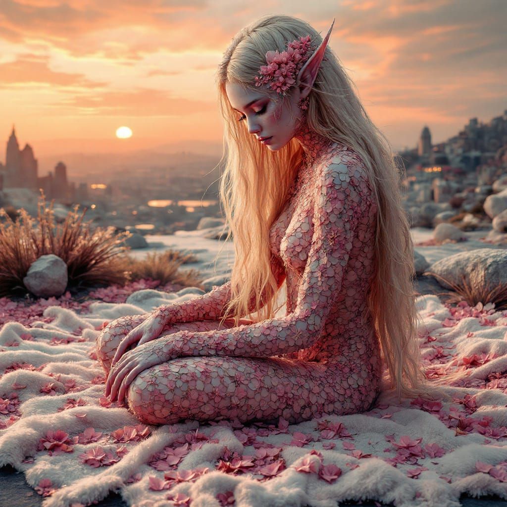 Ethereal Elven Figure in Cryopunk Cityscape