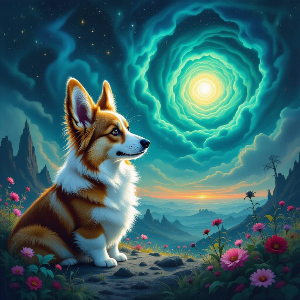 Cosmic Corgi with Long Ears in Surreal Landscape