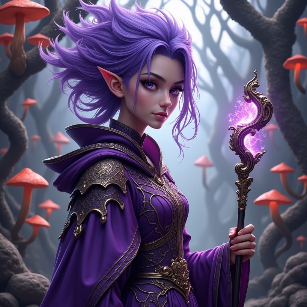 Enigmatic Violet Sorceress Amidst Mystical Ruins