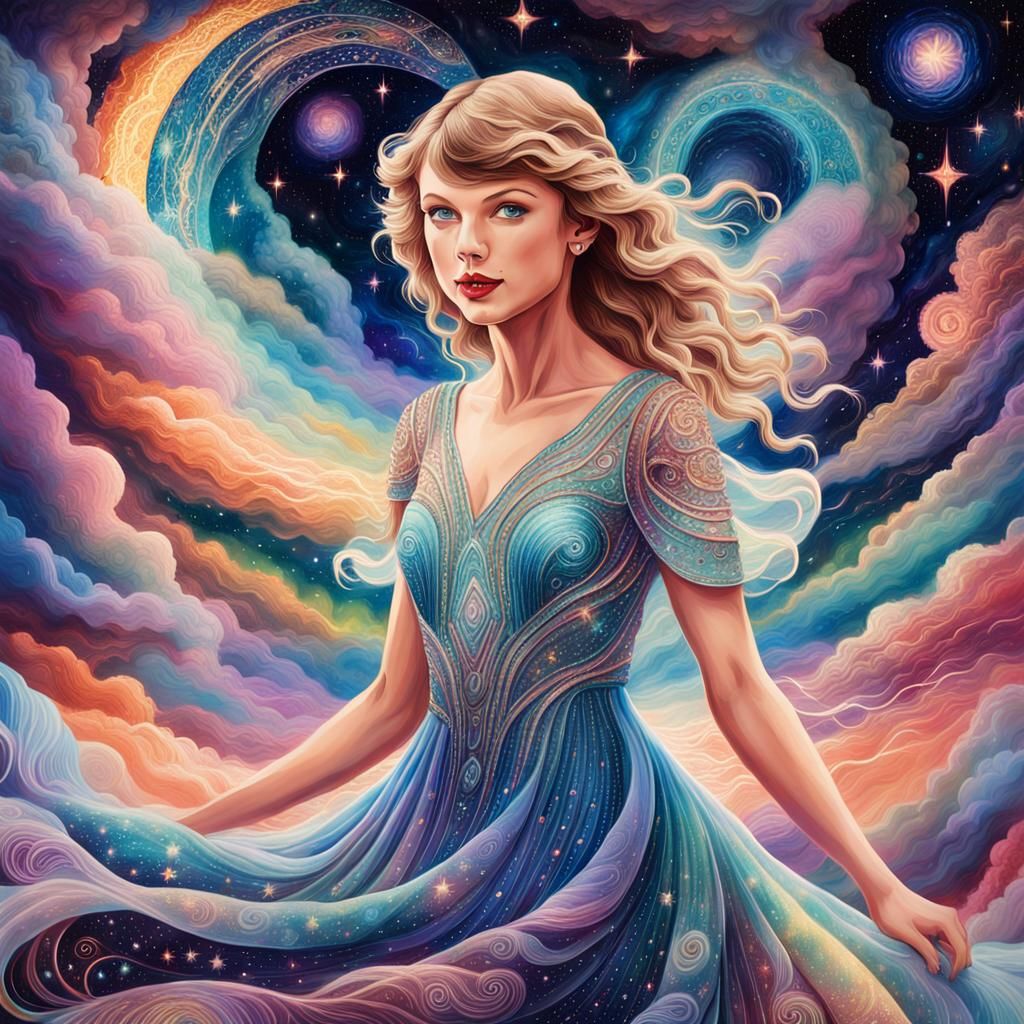 Ethereal Starry Gown: Astral Portrait in Psychedelic Style