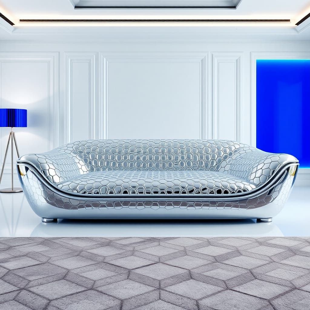 a shiny silver metal chrome sofa with an intricate texture in a very modern contemporary room setting with cobalt blue a...