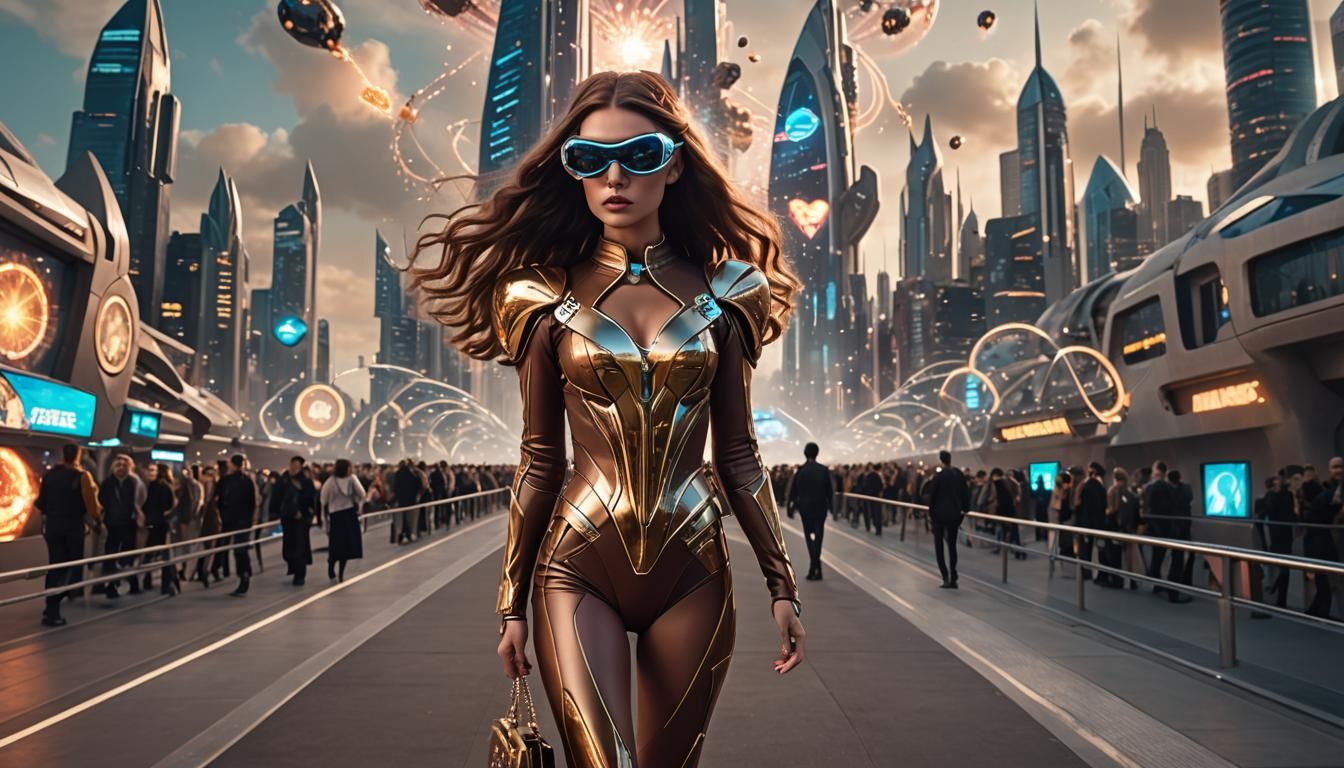 Retrofuturistic Girl on Catwalk with Heart Purse