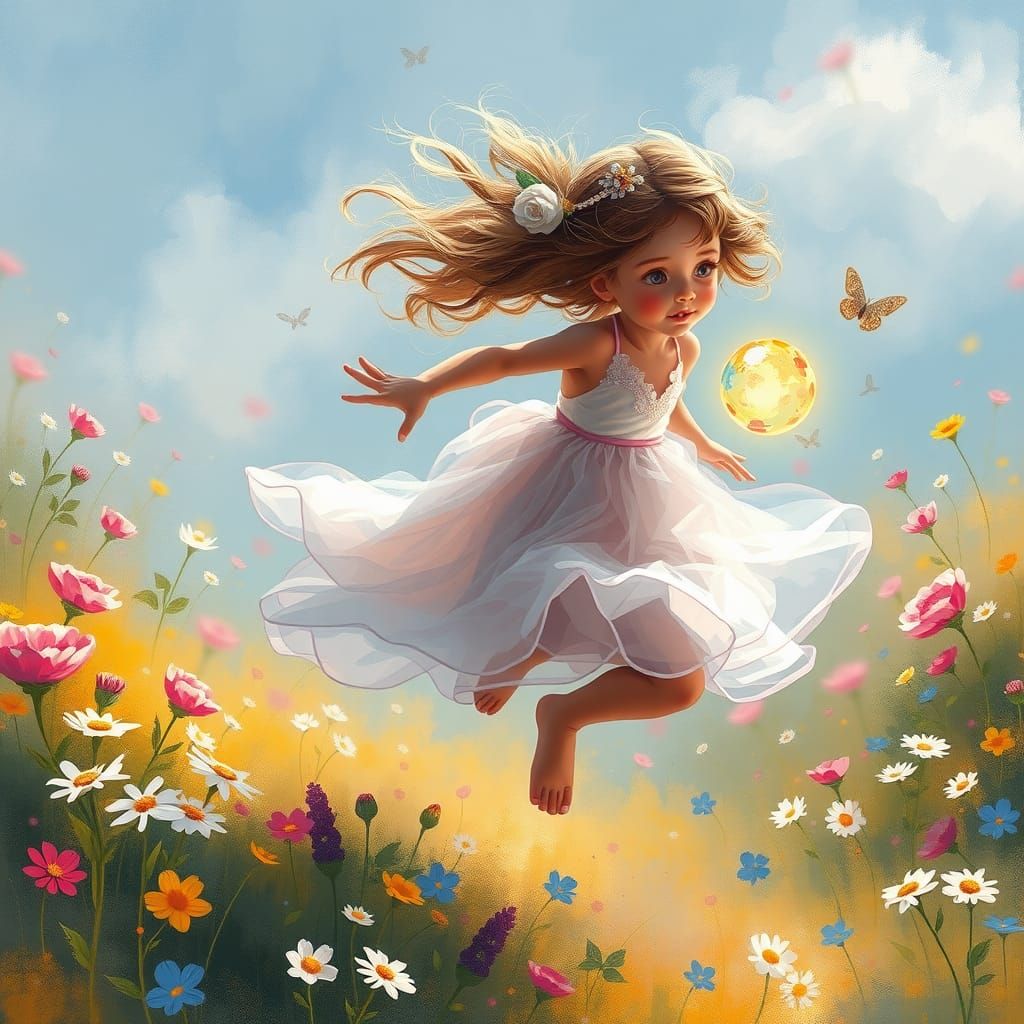 Girl Chasing Glowing Sphere in Dreamlike Meadow