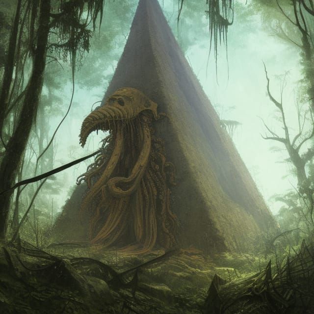 Cthulhu and Pyramid in Alien Forest, Detailed Art