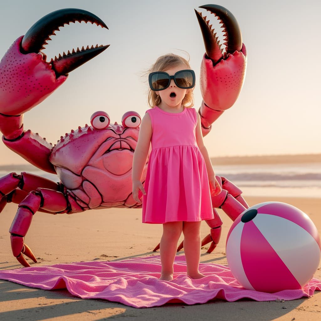 Girl Terrorized by Angry Pink Crab on Sunny Beach