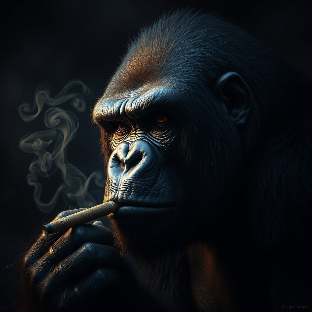 Gorilla in Dark Tones, Smoking a Cigar in a Maximalist Digit...