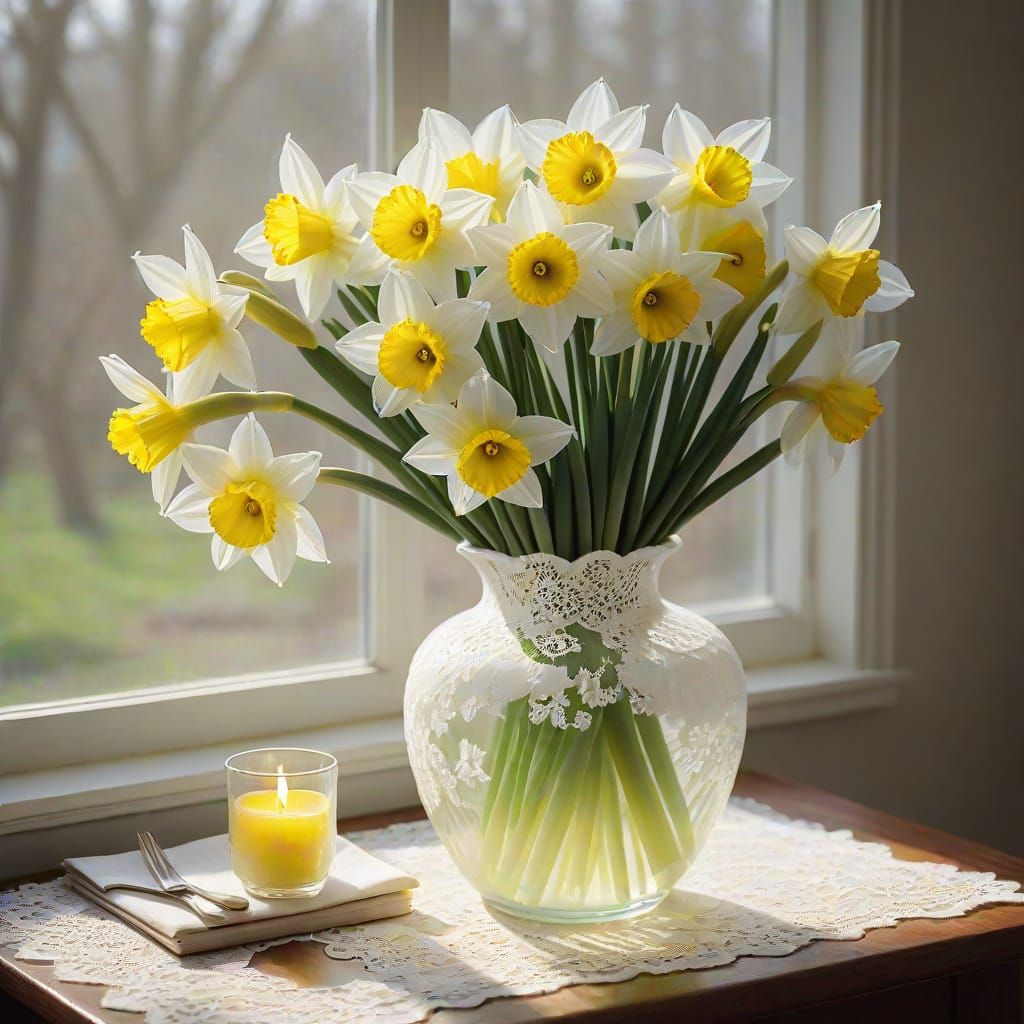Daffodils in Elegant Glass Vase by Soft Window Light