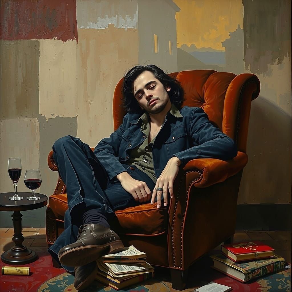 Young Man Lost in Thought, Earth-Toned Coat, Post-Impression...