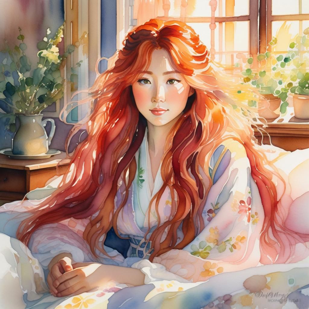 Kawaii Woman in Bed: Watercolor Fantasy Portrait