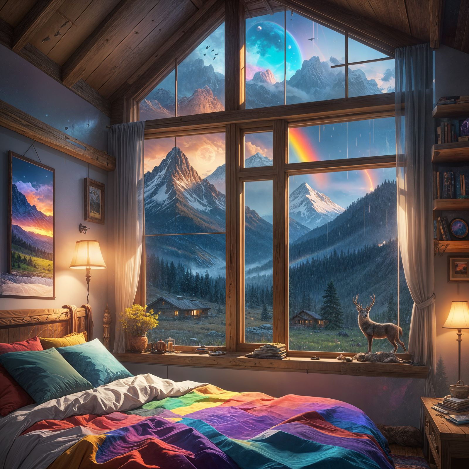 Mountain View with Rainbow and Wildlife, Detailed Painting