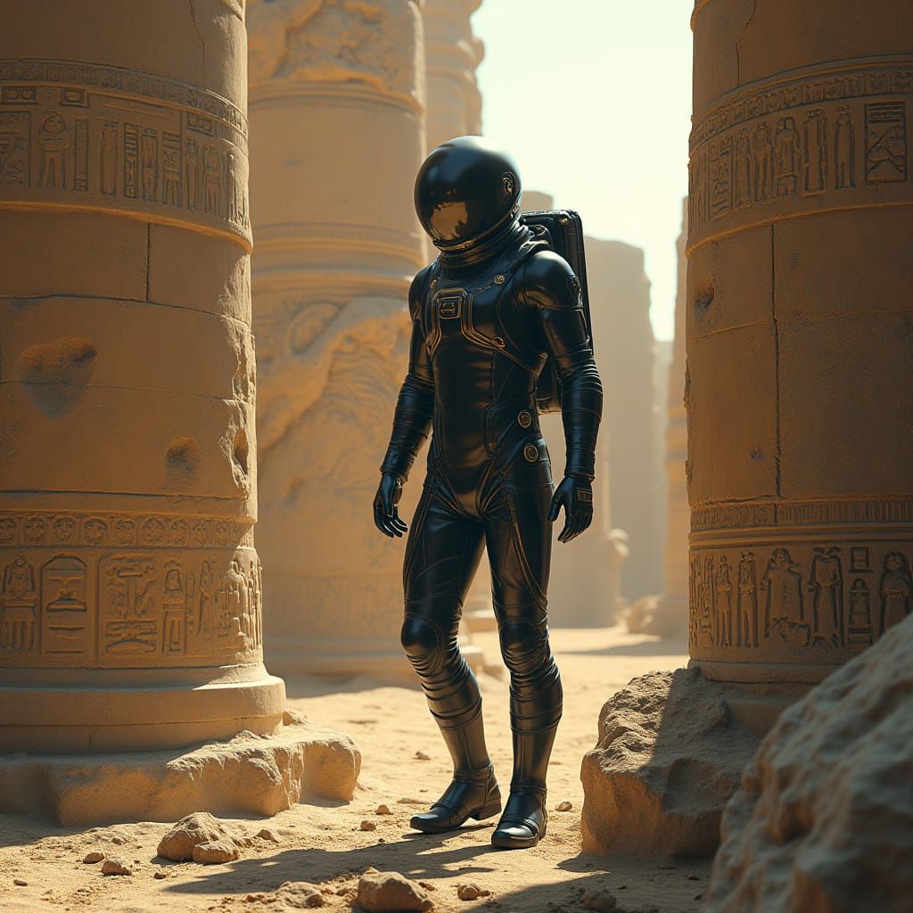 Futuristic Explorer in Ancient Temple Ruins