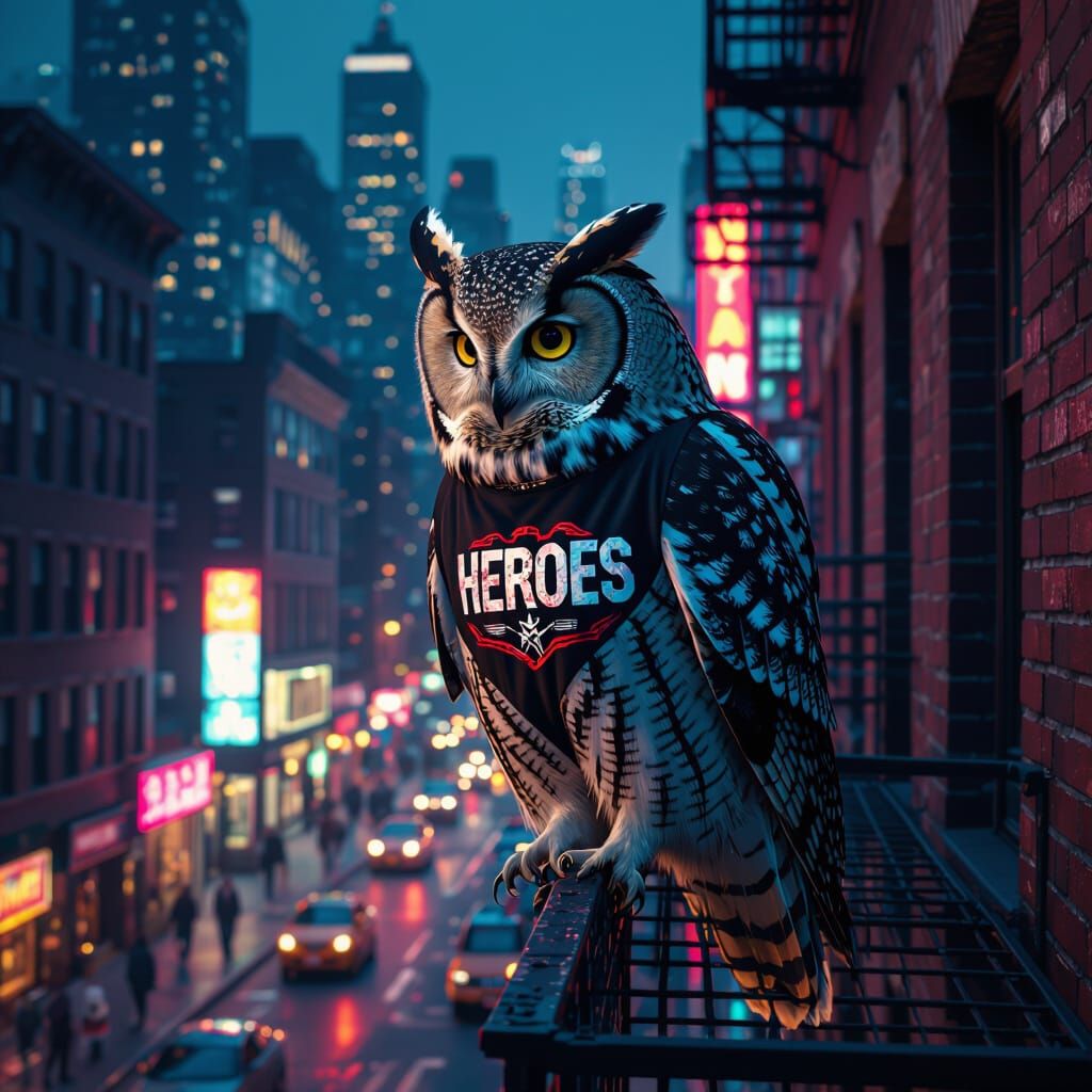 Urban Owl Superhero in Neon Cityscape