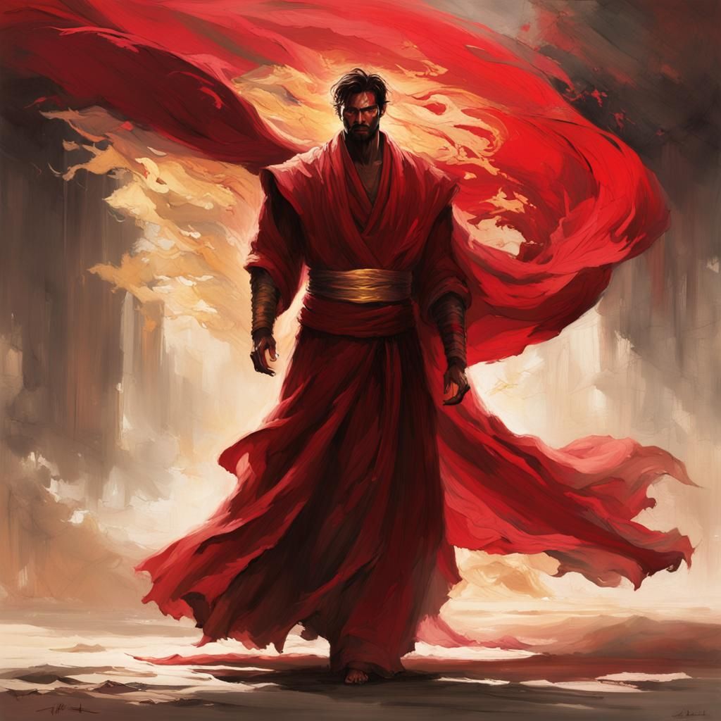 Armored Figure in Crimson Garment, Expressionist Surrealism