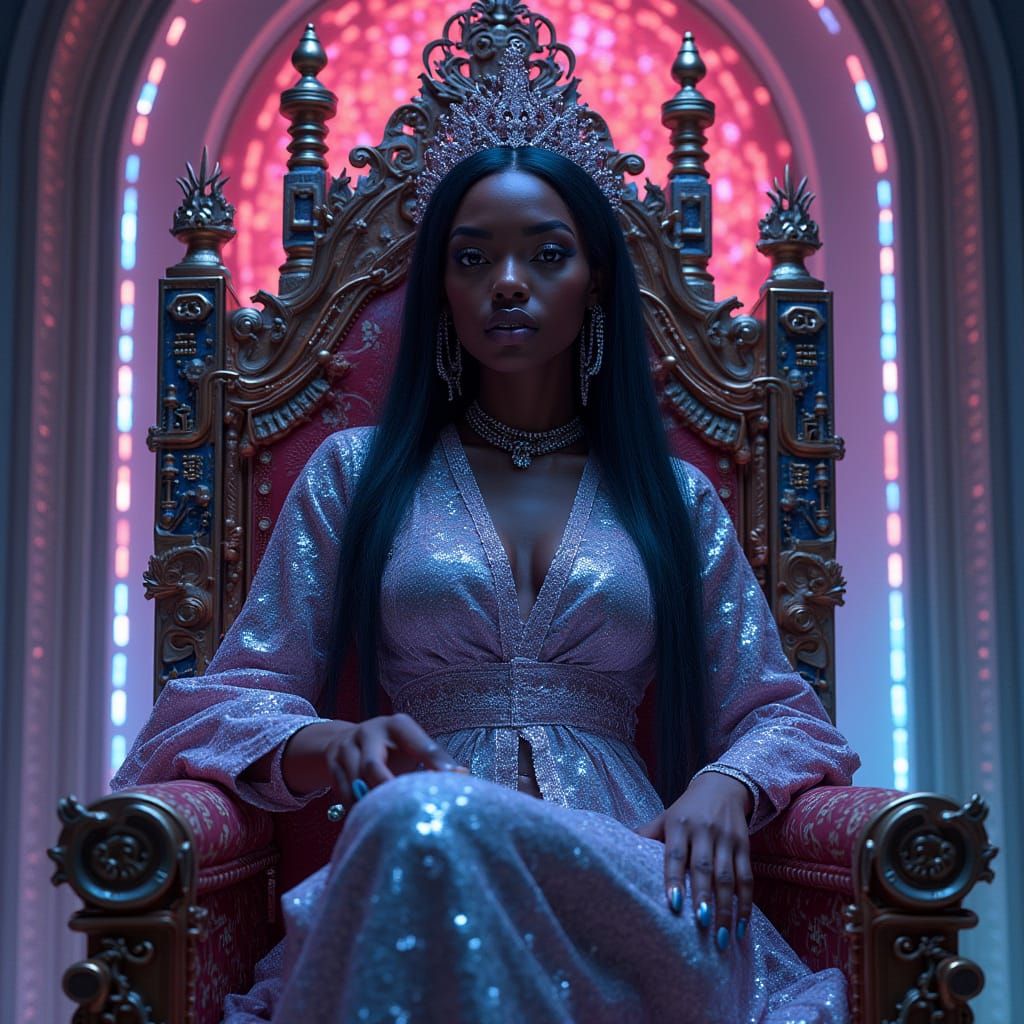 Cyberpunk Queen on Neon Throne in Renaissance Style