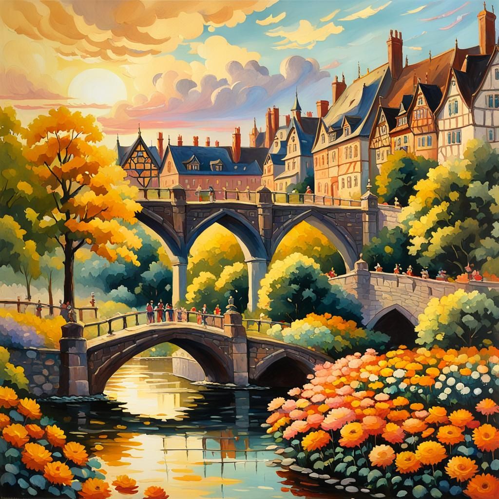 Bavarian City and Chrysanthemum Garden at Sunset