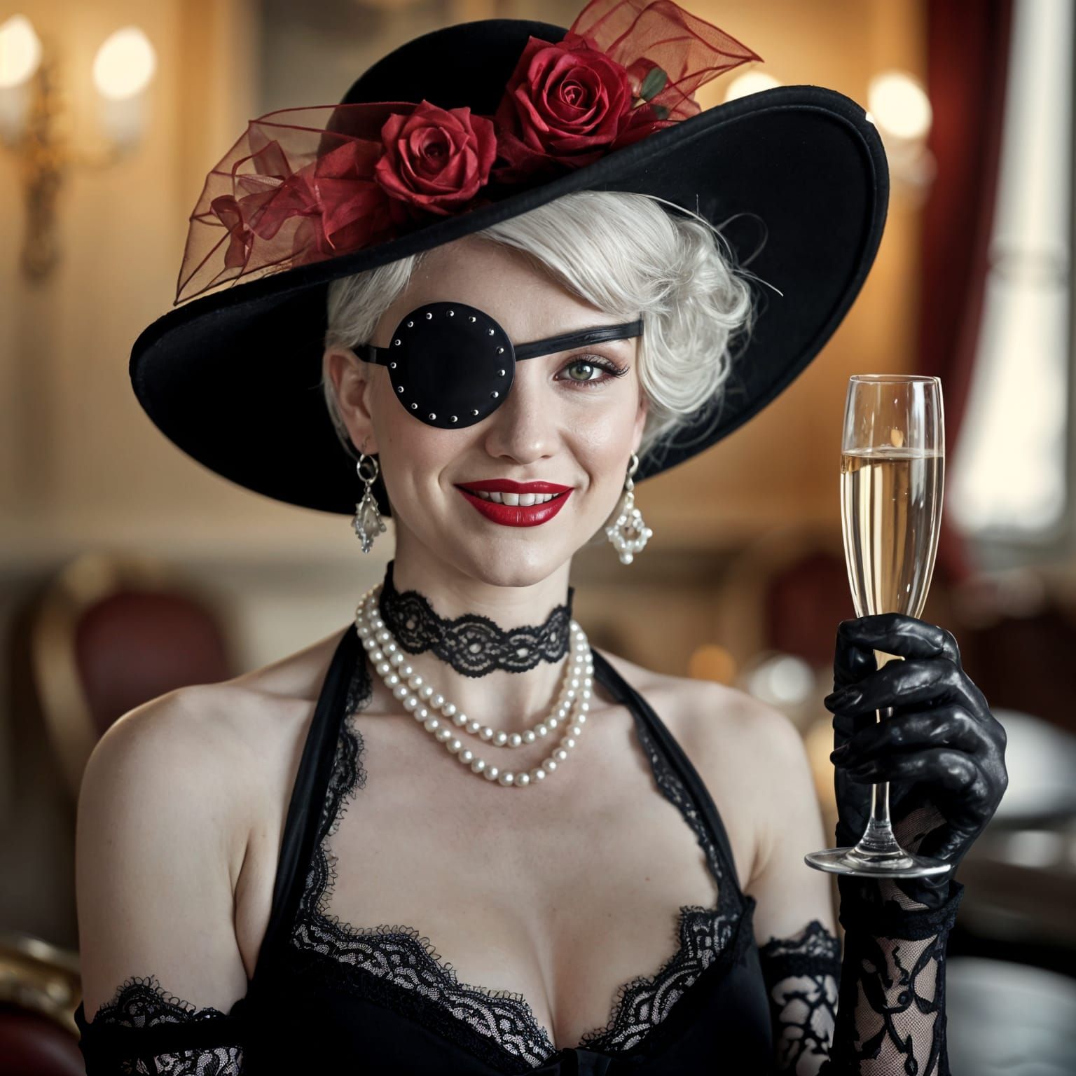 Film Noir: Flirty Woman with Champagne and Eyepatch