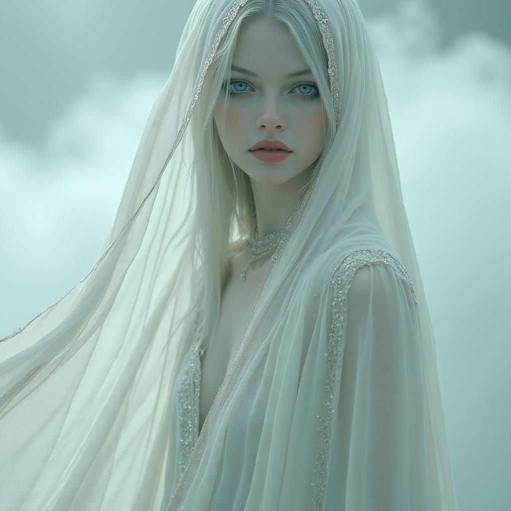 Ethereal Woman in Mist: A Digital Pastel Portrait